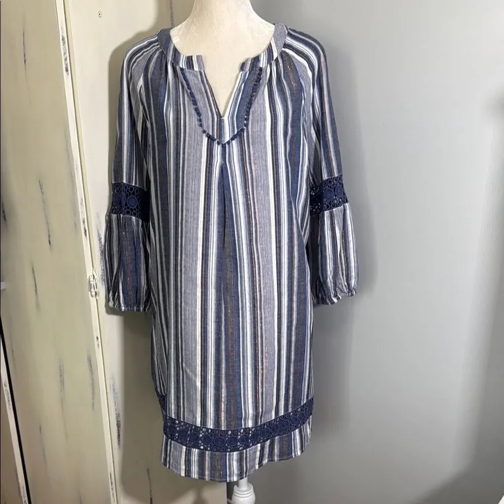 Crown & Ivy Striped Blue, White and metallic copper stripe Tunic Dress. Size L